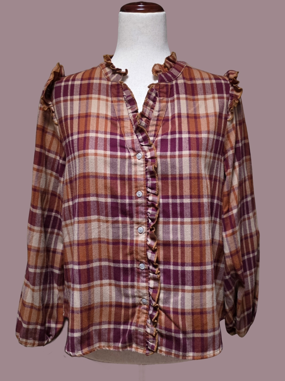 Frye Orange Brown Plaid Button Down Ruffle Blouse